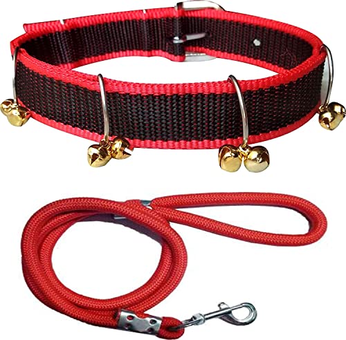 Image of Combo Nylon Collar Belt with Rope Leash Set - Adjustable Collar with Bell /Ghunguroo Belts for All Breed Dogs (Black)