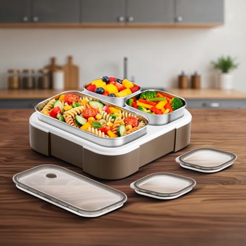 Image of VAYA Tydbyt Stainless Steel Tiffin Box for Men, Kids Girls,1 Large & 2 Small Compartments, Bento Lunch Box, Smart Portions for Balanced Meals, Brown