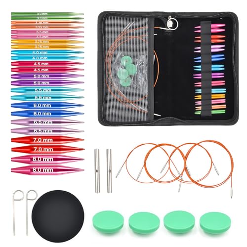 Tiiyee Juego de Agujas Circulares Intercambiables, 12 Pares de Agujas de Tejer de Aluminio 3 8 mm Agujas Circulare con 4 Cables Accesorios Kit de Aguja de Punto para Aficionados Principiantes Tejido