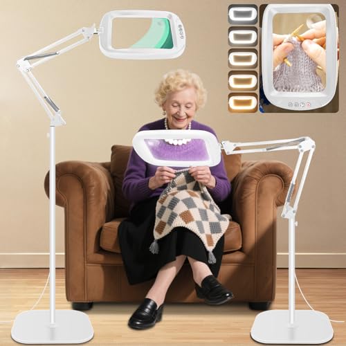 30X 10X Extra Large Floor Magnifying Glass with Light and Stand 7-inch Adjustable Height Floor Magnifying Lamp 2 in 1 Lighted Magnifiers for Close Work Sewing Crafts Hobbies Reading White