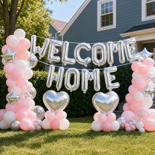 Image of TONIFUL Silver Welcome Home Balloon Set - 16 Inch Mylar Foil Letter Balloons with Silver Heart Balloons for New Home, Housewarming, Welcome Back, Military Homecoming, Retirement Party Decorations