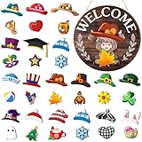 Vicenpal 35 Pcs Interchangeable Highlands Cow Welcome Sign Hanging Seasonal Cow Head Wooden Front Door Decor with 17 Interchangeable Hat 17 Magnet Swappable Pieces for Farmhouse Holiday(Colorful)