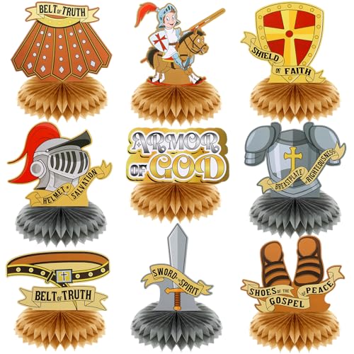 Jetec 9 Pcs Armor of God Honeycomb Centerpieces Bible Verse Religious Themed Party Decorations 3D Armor Knight Medieval Table Decor for Table Party Supplies