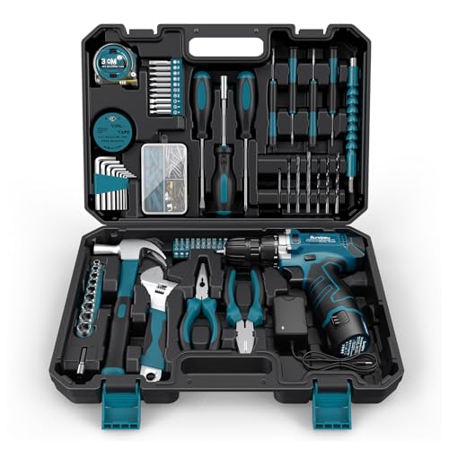Sundpey Home Tool Kit 206-PCs - Household Tool Set with 12V Cordless Electric Screwdriver Drill Set - Portable Starter Power Tool Combo Kits - Basic General Homeowner Tool Box for Men & Women for Home