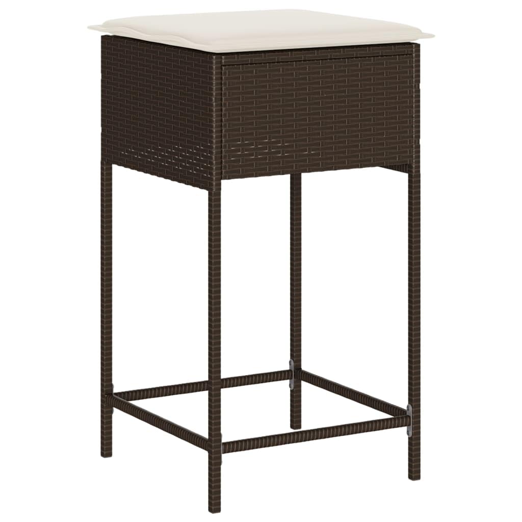 Juego de Bar jardín ratán PE marrón con Cojines Blancos Crema, Mesa 60,5x106 cm, 2 taburetes 40x40x76 cm, Muebles Exterior para terraza Patio balcón, Resistente y cómodo para Ocio y reunión