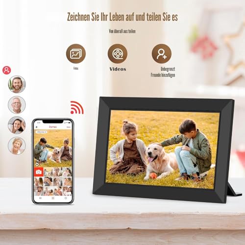 Frameo WLAN Digitaler Bilderrahmen 10,1 Zoll, HD 1280 * 800 IPS Touchscreen Elektronischer FotoRahmen mit 32GB Speicher, Auto Drehung, Einfache Weitergabe von Fotos Videos über Frameo App
