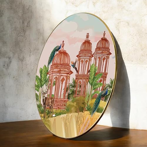 Image of PAINTINGMANTRA Mughal Garden With Peacock Round Large Wall Art Painting for Living Room Decoration, Circular Gold Metal Finish Stylish Large Wall Art Print for Wall Decor (22x22 Inches)