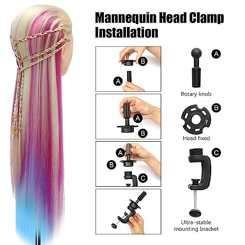 Trainingsköpfe, 28 inch Frisierkopf 100% Synthetikfaser-Haar Übungskopf, Frisurenkopf Ausbildung Kopf Mit Halter + DIY Haar Styling Braid Set (Regenbogen)