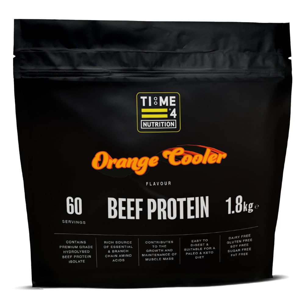 Time 4 Beef Protein Hydrolysed Beef Protein Isolate Gluten Free, Soy, Fat & Sugar Free - Virtually Carb Free, Delicious Fruity Flavours 60 Servings (1.8kg, Orange Cooler)