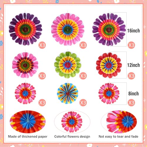 Outus 9 Pcs Flower Hanging Decorations Fall Paper Fans Classroom Ceiling Wall Decor Colorful Bloom Paper Fan for Wedding Birthday Birthday Party Supplies(27 Pcs,Spring Flower)