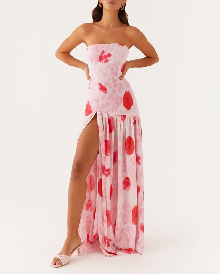 Image of Women Floral Strapless Maxi Dress Y2K Bodycon Tube Long Dresses Sexy Party Formal Cocktail Beach Slit Dress