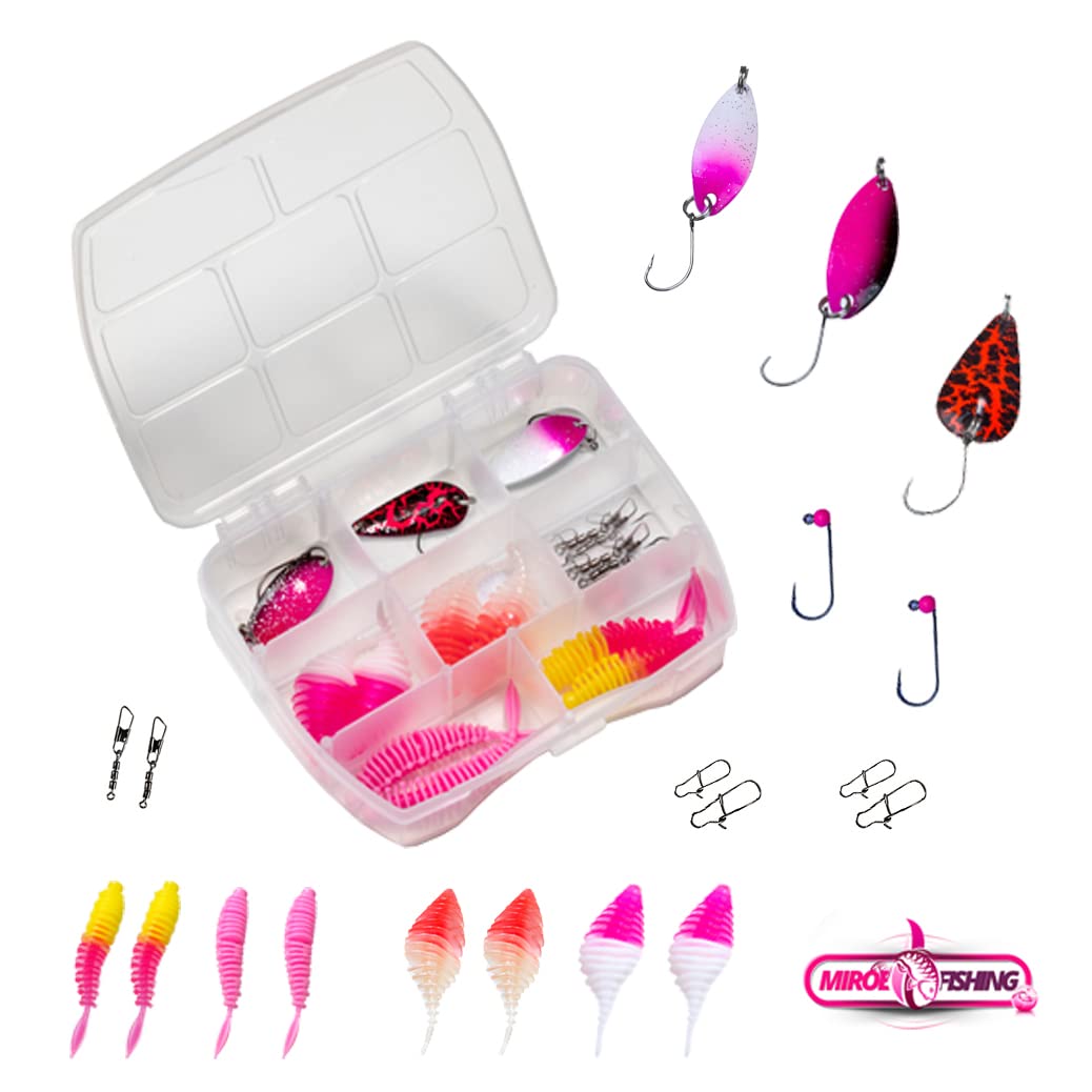 Ultraleichtes Angelset für Mädchen – Alpha Spoon | 180cm UL-Carbonrute, Angelrolle Expert1000 mit Schnur, Köderset inkl. Spoons & Gummifische | Perfekt für Forellen- und Barschangeln