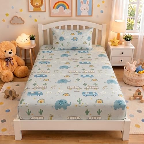 Image of HOMEKART 100% Cotton Kids Fitted Bedsheet with Pillow Cover, 220TC Soft Breathable Elastic Bedspread, Cute Animal Print, 72x36x8 Inch (Cute Elephant Print White)