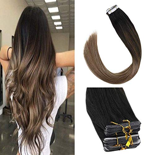 Tape in Hair Extensions Human Hair Ombre,#1b Natural Black Fading to #6 and #18 Ash Blonde Highlighted Remy Hair Glue in Extensions 16inch 50g Per Pack