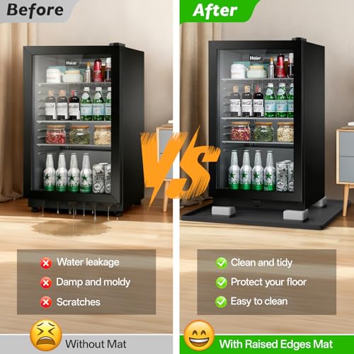 Tapete de silicone para mini geladeira com quatro elevadores de base, 60 cm x 59 cm x 1,3 cm sob o tapete da geladeira, bandeja coletora evita vazamento de água, danos no chão, tapete de proteção para