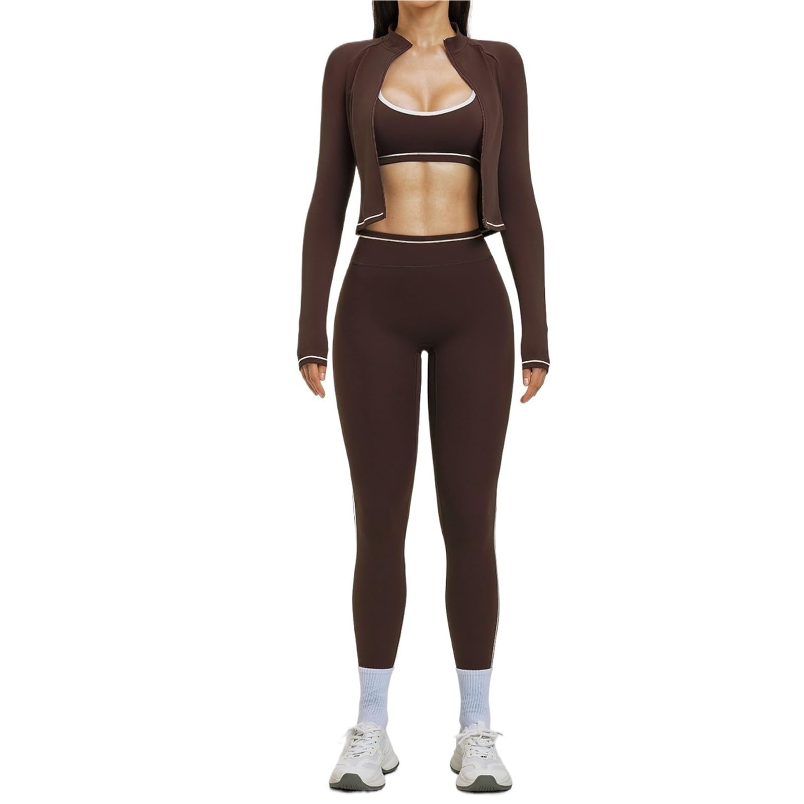 Completino Palestra Donna Set da yoga 3 pezzi abbigliamento sportivo donna tuta palestra legging reggiseno fitness crop top tute sportive a maniche lunghe