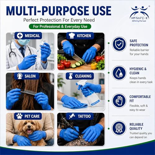 Image of AM Safe X Powder Free Blue Nitrile Gloves for Hands 50pcs | Food Grade Heavy Duty Disposable Multipurpose Gloves | Single Use | Cleaning, Kitchen, Tattoo, Salon, Automotive & Examination Gloves Medium