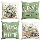 AVOIN colorlife Bless Our Home Farmhouse Eucalyptus Leaves Throw Pillow Covers, 18 x 18 Inch Truck Home Sweet Cushion Case Decorations Set of 4