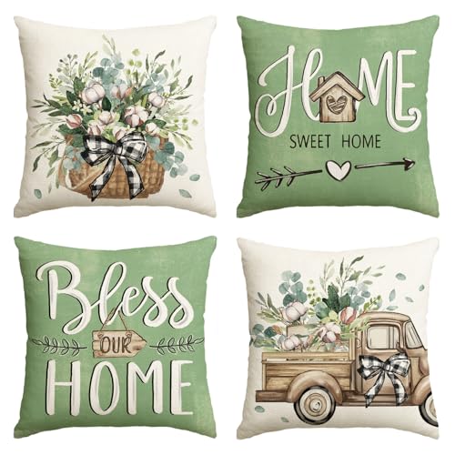AVOIN colorlife Bless Our Home Farmhouse Eucalyptus Leaves Throw Pillow