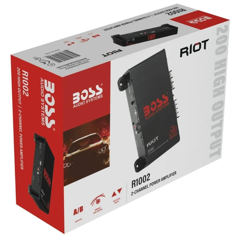 KIT SET amplificatore PER BOSS AUDIO SYSTEMS RIOT R1002 1 amplificatore stereofonico 2 canali, full-range, 200 watt max, classe a/b, per auto, 1 pezzo + cavo high level e fusibile omaggio
