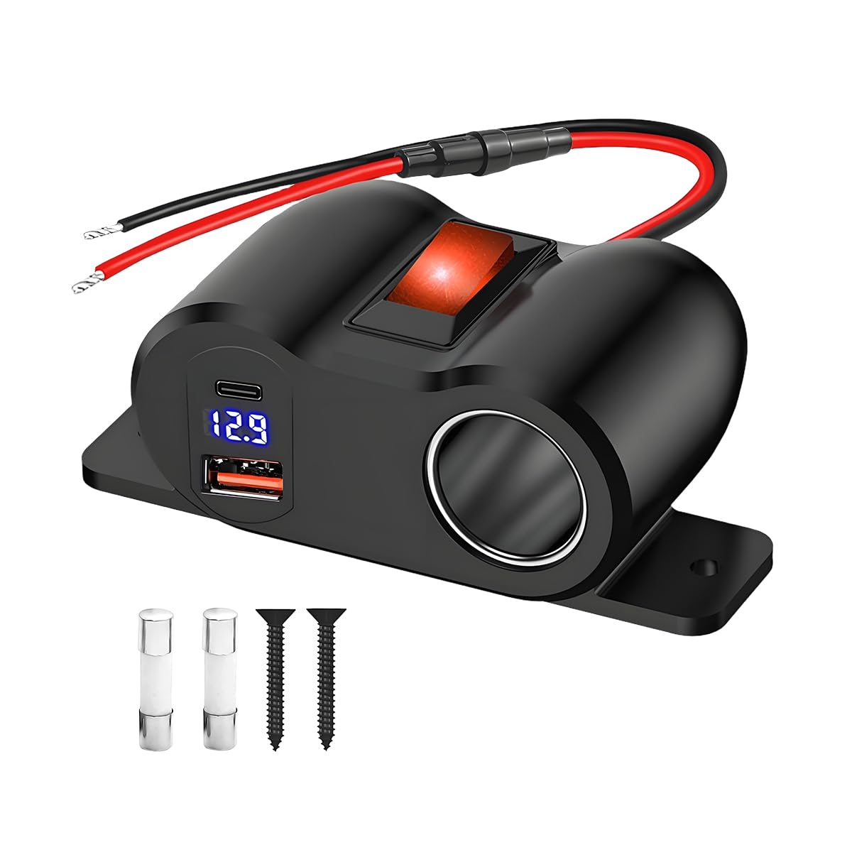 Car Dual USB Outlet Cigarette Lighter Socket Splitter, 120W 12V PD3.0 & QC3.0 Charger with LED Voltmeter and Switch, Automotive Splitter Socket Adapter, Universal for RV ATV UTV (Blue)