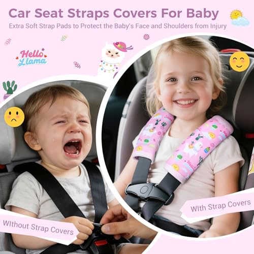 Image of COOLBEBE Car Seat Straps Shoulder Pads for Baby Kids, Super Soft Seat Belt Covers for All Car Seats /Pushchair /Stroller /High Chair, Pink Alpaca, Polyester Material