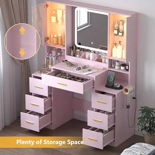 Image of Wodeer Pink Makeup Vanity Desk with Mirror & Lights, Modern Vanity Table with Charging Station, 7 Drawers, Glass Cabinet, Adjustable Shelves, Bedroom Dressing Table Set for Women & Girls