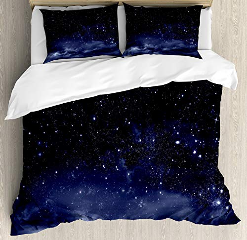 Ambesonne Night Duvet Cover Set, Ethereal View of The Dark Sky Atmosphere Nebula Fantasy Cosmic Universe Theme, Decorative 3 Piece Bedding Set with 2 Pillow Shams, Queen Size, Blue White