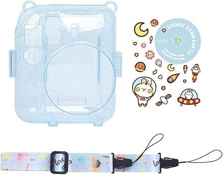 ZENKO Pvc Transparent Glitter Camera Case Compatible With Fujifilm Instant Mini 12, Mini 12 Camera Case, Cute Pattern Shoulder Strap And Pattern Stickers (Pastel Blue)