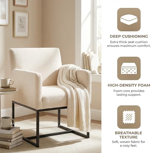 Image of HNY Mid Century Modern Upholstered Dining Chairs with Arms Set of 4, Linen Accent with Black Finish Metal Frame, 19'' Wide for Living Room Kitchen Bedroom, Cream, Cream-linen-black Frame