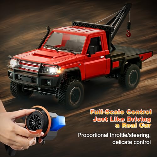 Image of RC Crawler, 1:12 Scale MN82-T RC Crane Truck 4WD LC79 Crawler | Crane One‑key Hook, Lights, Speed Adjustment, Tires All Terrain Wrecker, 2 Batteries 2.4GHz Rock Crawler for Hobbyists (Red)