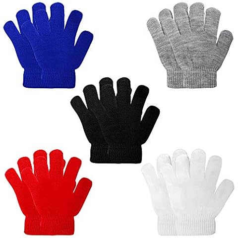 ONESING 5 Pairs Stretchy Knit Winter Gloves for Kids - White Solid Finger Gloves for Girls and Boys Cover