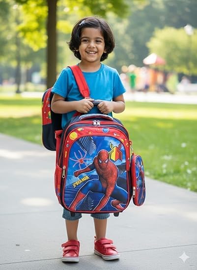 Image of Kids 17 Inch School Backpack Combo Set - Lunch Box Bag & Stationery Pouch | Trolley Bag with 2 Wheels | Durable Polyester Carry-on Travel & School Bag for Boys (Red 1)