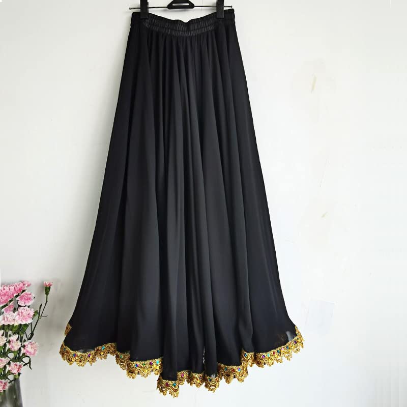 Danza del Vientre Gasa para Mujer 13 Colores Sólidos 720 Grados Falda De Péndulo Faldas Largas Bailarina Práctica Falda Larga De Baile,Negro,L