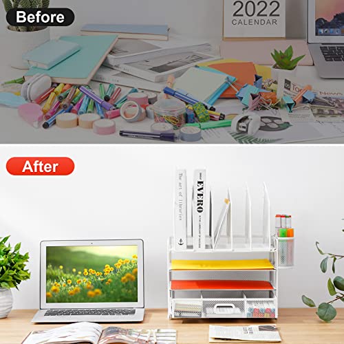 Image of Marbrasse Desk Organizers, 4-Tier Mesh Desk File Organizer with 5 Vertical File Holders and 2 Pen Holders, Multifunction Desktop Organizer,Desk Organizers and Accessories for Home Office (White)