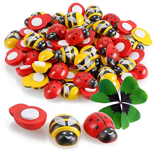 Robin Goods® 60x Abeille Porte-Bonheur et coccinelles en Bois - Coccinelles et Abeilles Auto-adhésives - Autocollants pour l'artisanat - Porte-Bonheur -...