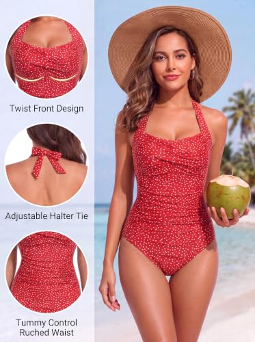 Image of Smismivo Tummy Control Swimwear Halter One Piece Slimming Vintage Retro Swimsuit Womens Ruched Push Up Bathing Suit