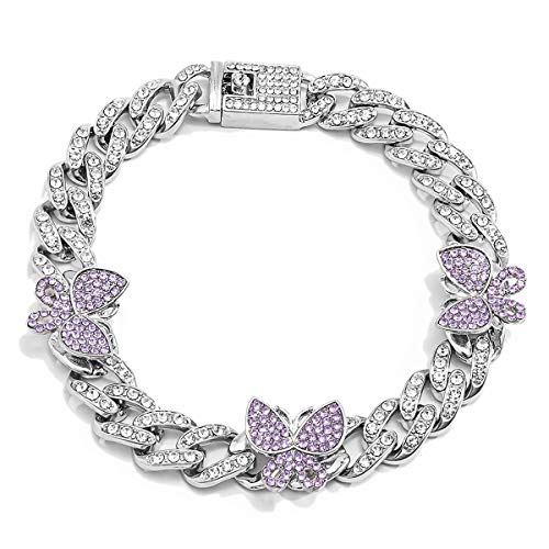 Ingemark Shiny Rhinestone Butterfly Anklet Hip Hop Cuban Link Ankle Chain Bracelet for Women Teen Girls Cute Fashion Music Party Rave Anklet Jewelry (#5 Silver+Purple)