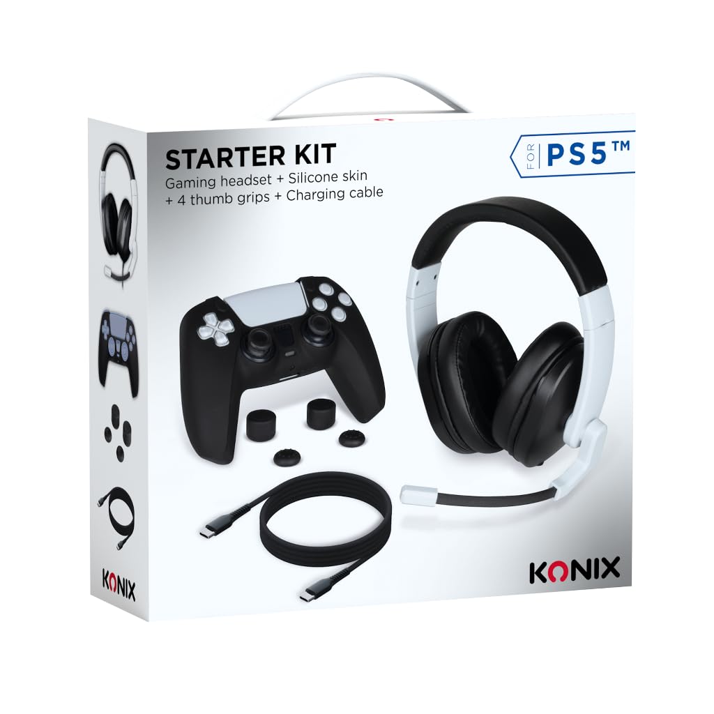 Konix Mythics PS5 Starterpack - Kabelgebundenes Headset - Schutzhülle für DualSense-Controller - Daumenstütze - Ladekabel.
