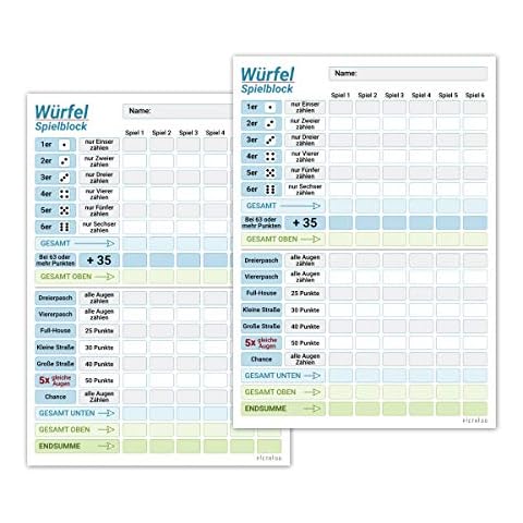 Dice Game Block DIN A5, Easy to Read and Clearly Designed, Modern Pad, Large Game Pad, Also Suitable for Seniors and Children, Dice Game Set, Family Game (2 x Blue) Cover