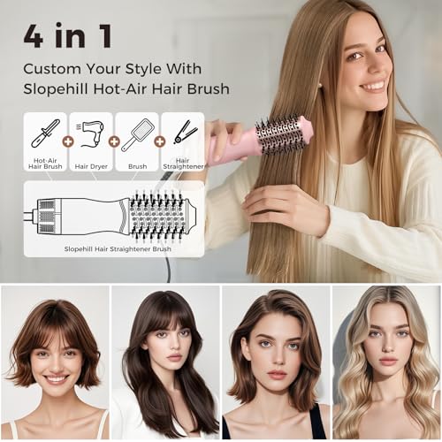 Image of slopehill Mini Travel Dual Voltage Hair Dryer Brush,1000 Watts Hot Air Brush with European Plug, Ionic Hair Dryer and Styler for Women, Oval Barrel 2 Heat & 2 Speed for International Travel Pink