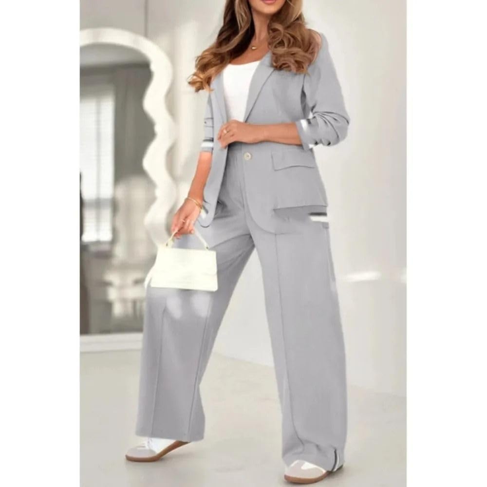 Conjunto de 2 Piezas para Mujer: Chaqueta y Pantalón Rayados con Parches, Atuendo Retro de Oficina