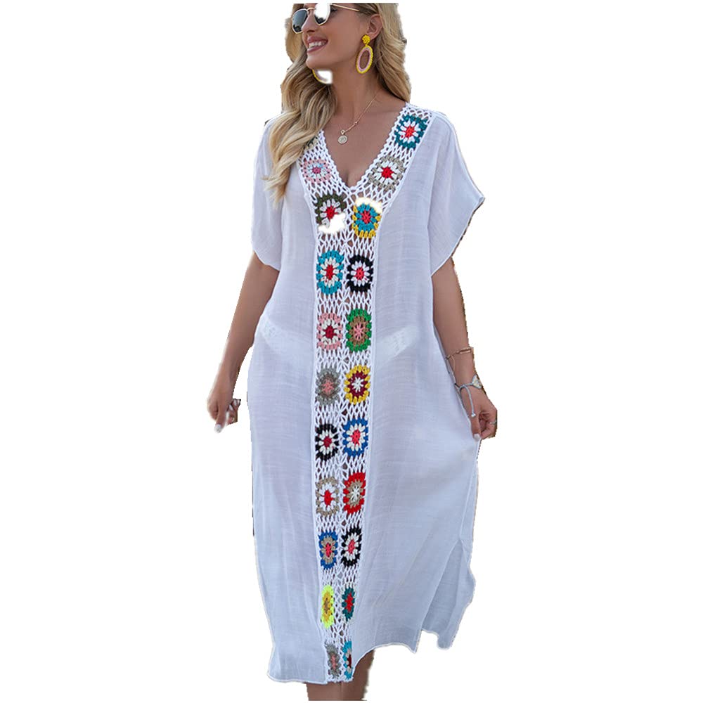 DRN Womens Sunblock Skirt Long Dress Bikini Cover Up Beach Kimono Swimwear Coverups Robes Dresses Printing Covers Loose Caftans Loungewear (White)