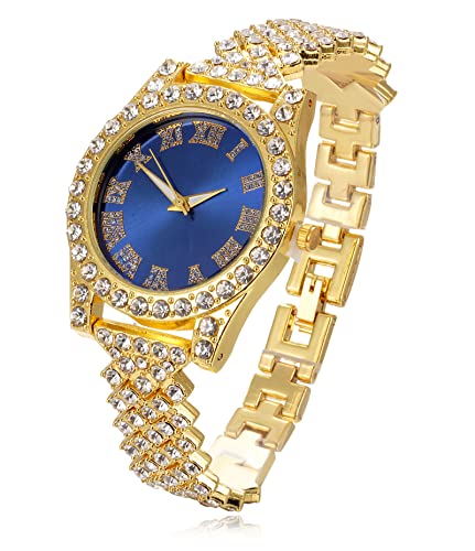 Image of Halukakah Diamonds Gold Watch Iced Out, Kid's 18K Real Gold /Platinum White Gold Plated 36MM Width Green /Blue /Red Dial Quartz Wristband 8 inch with Cuban Link Chain 7 inch+16 inch Bracelet, Free Giftbox