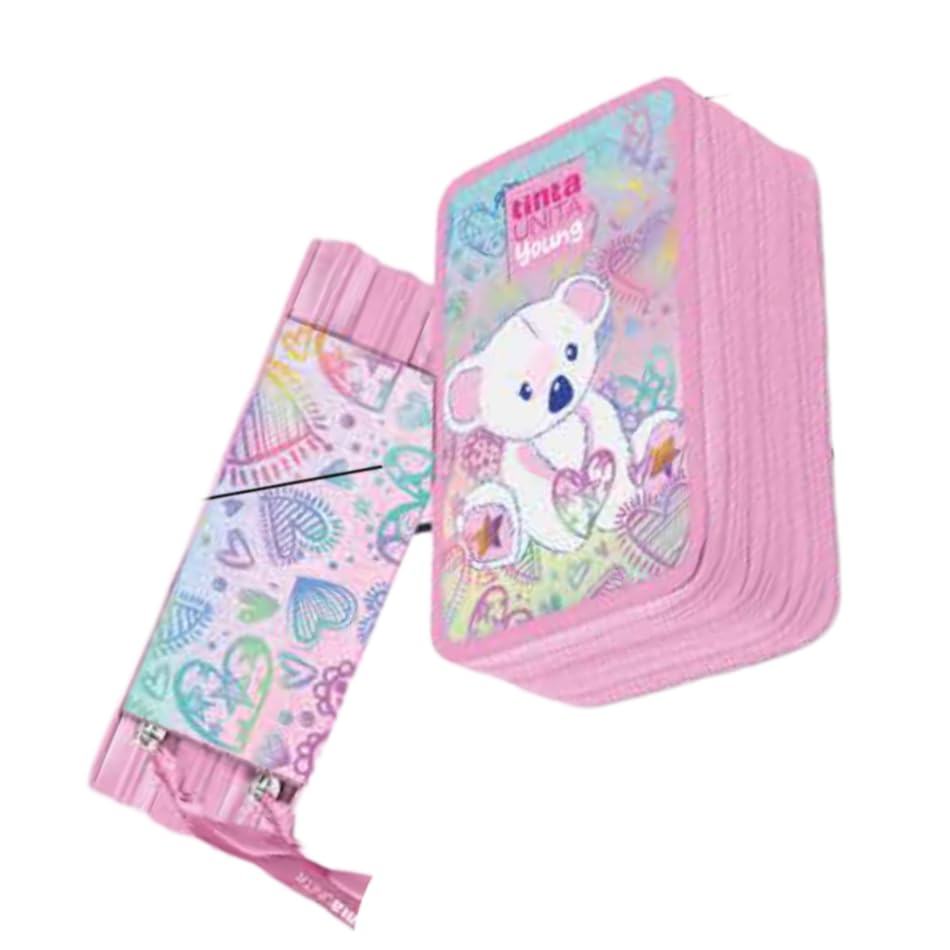 Tinta Unita Astuccio Triplo con Zip, Rosa o Nero, con Pastelli e Pennarelli, per Bambini e Ragazzi Scuola (Rosa)