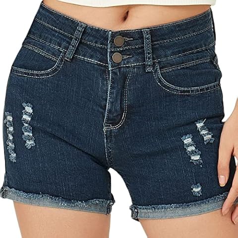PHOENISING Women's Fashion Ripped Hole Denim Shorts Stretchy Fabric Short Pants, Size 6-20 Ink-Blue Cover