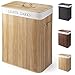 Virklyee Kosz na pranie z bambusa, 100 l, duży kosz na pranie, z 2 przegródkami, wyjmowany kosz na pranie, bambusowy kosz na pranie, worek na pranie z pokrywką (kolor drewna)