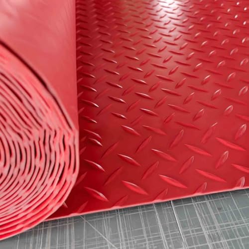 Suelo Goma Tapete de Garaje con Placa de Diamante en Rollo de Goma, Protector de Estacionamiento para Autos, SUV, Camionetas, CRV y Remolques, y Suelo de Taller o Cobertizo(Red,0.9 x 2.2m/3 x 7.2ft)