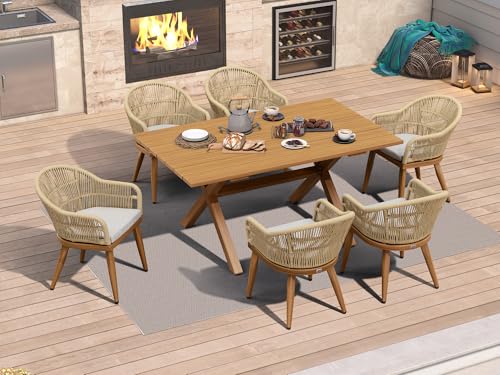 Image of PURPLE LEAF 7 Pieces Patio Dining Set with Outdoor Aluminium Dining Table and Woven Chairs Modern Metal Furniture Cushions Sets for Garden Yard Indoor Decor Kitchen Teak