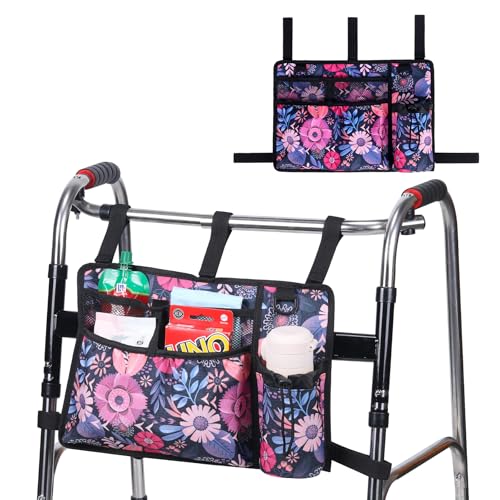 Walker Accessories for Folding Seniors Bag Walker Organizer Storage Pouch Cup Holder Carry with Pockets Detachable -red Flower